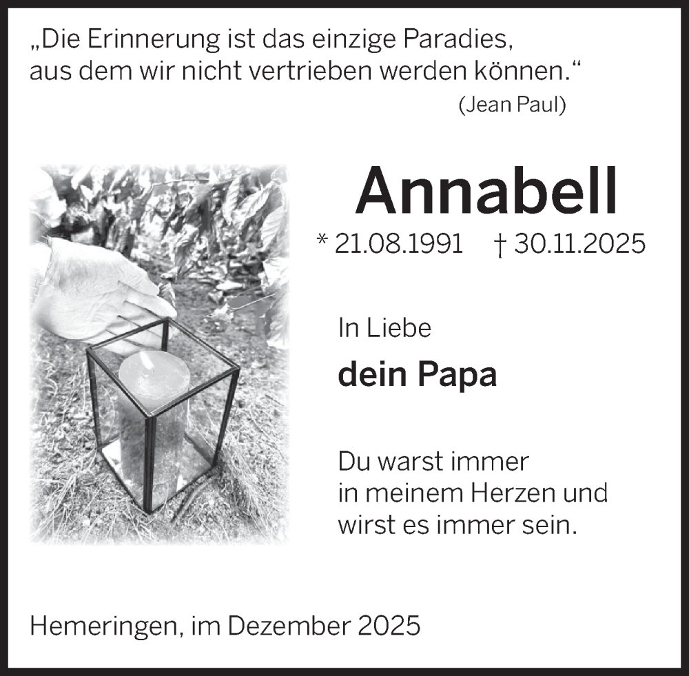  Traueranzeige für Annabell  vom 03.01.2026 aus Deister- und Weserzeitung