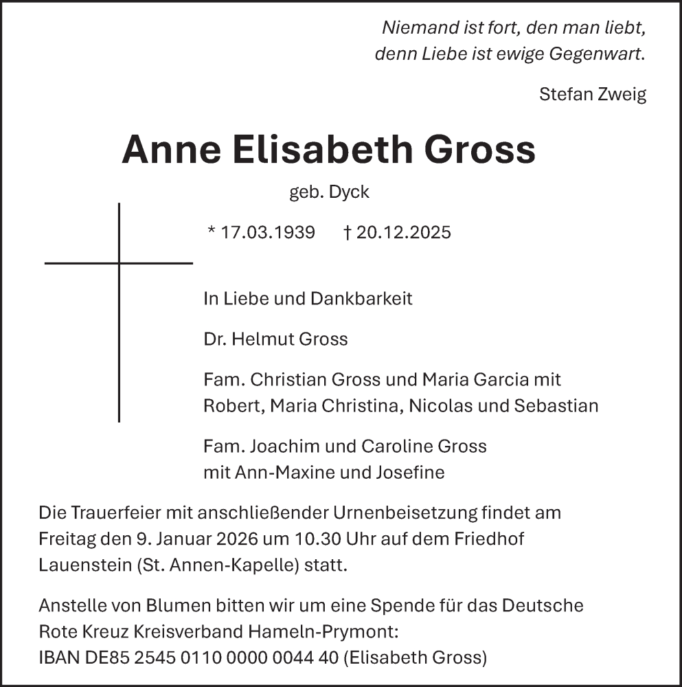  Traueranzeige für Anne Elisabeth Gross vom 03.01.2026 aus Deister- und Weserzeitung