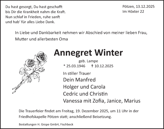 Traueranzeige von Annegret Winter von Deister- und Weserzeitung