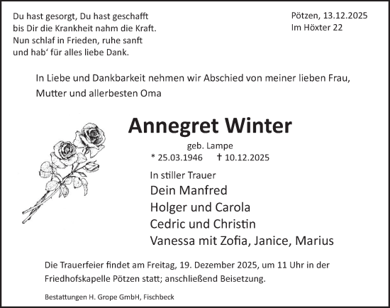 Traueranzeige von Annegret Winter von Deister- und Weserzeitung