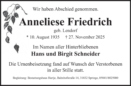 Traueranzeige von Anneliese Friedrich von Neue Deister-Zeitung
