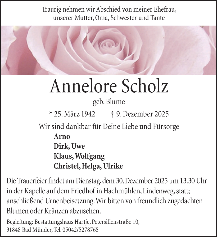  Traueranzeige für Annelore Scholz vom 27.12.2025 aus Neue Deister-Zeitung
