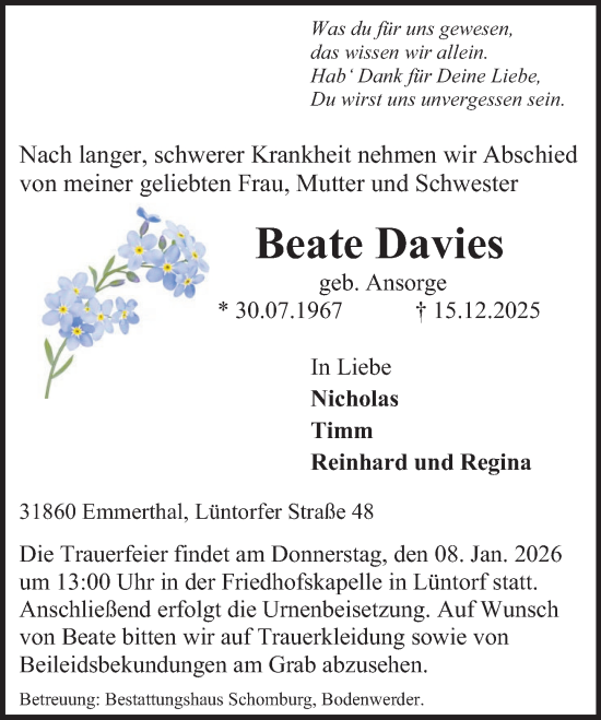 Traueranzeige von Beate Davies von Deister- und Weserzeitung