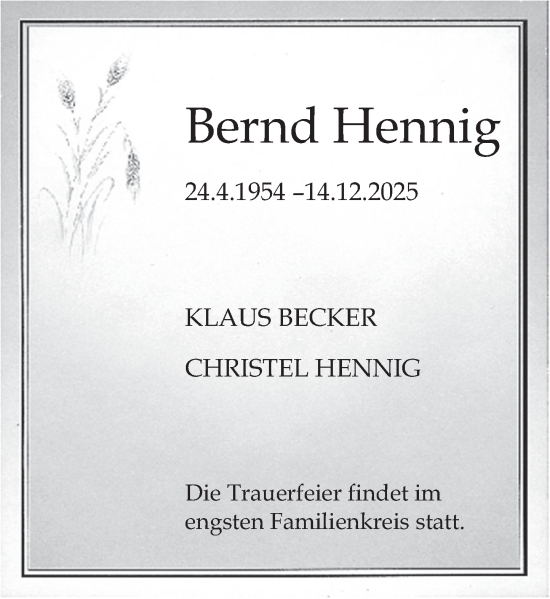 Traueranzeige von Bernd Hennig von Deister- und Weserzeitung