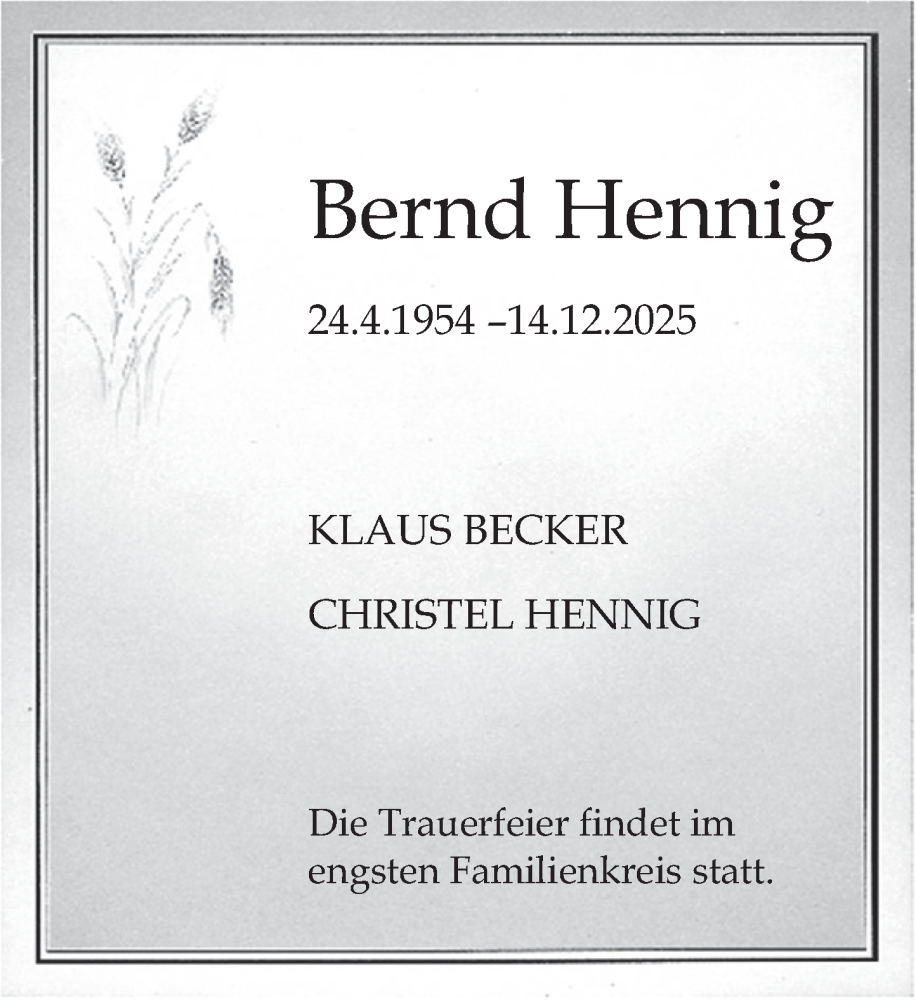  Traueranzeige für Bernd Hennig vom 27.12.2025 aus Deister- und Weserzeitung