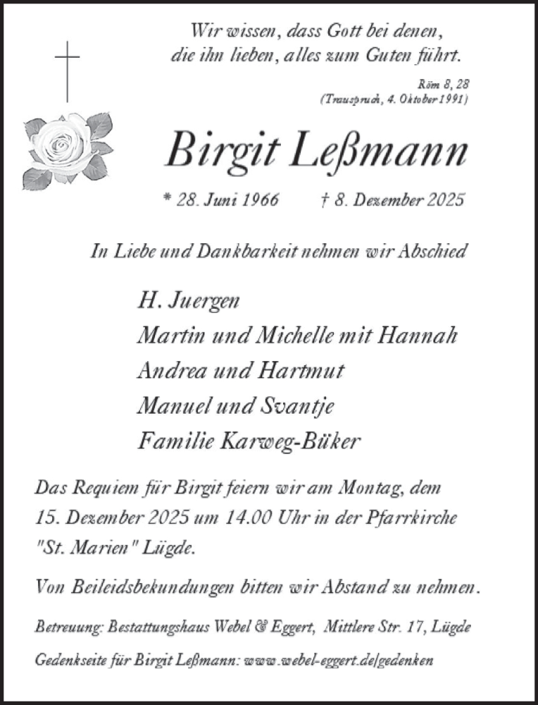  Traueranzeige für Birgit Leßmann vom 13.12.2025 aus Deister- und Weserzeitung