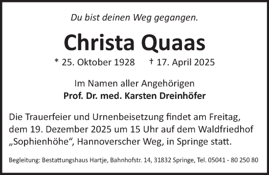 Traueranzeige von Christa Quaas von Neue Deister-Zeitung