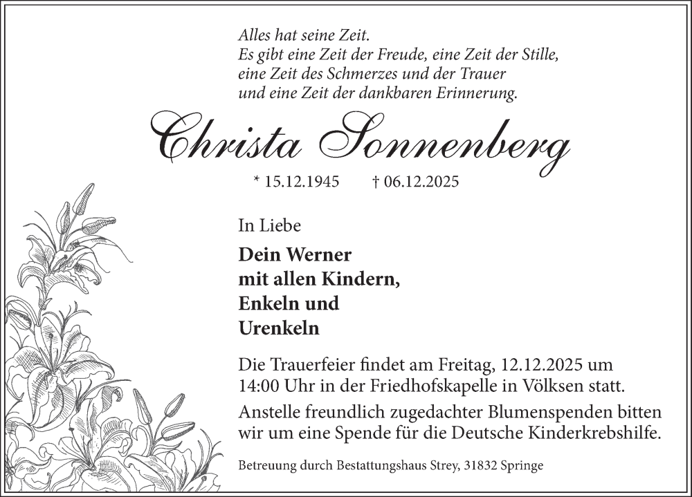  Traueranzeige für Christa Sonnenberg vom 11.12.2025 aus Neue Deister-Zeitung