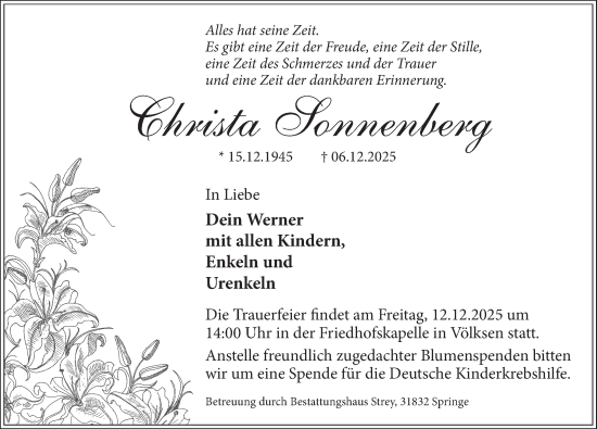 Traueranzeige von Christa Sonnenberg von Neue Deister-Zeitung
