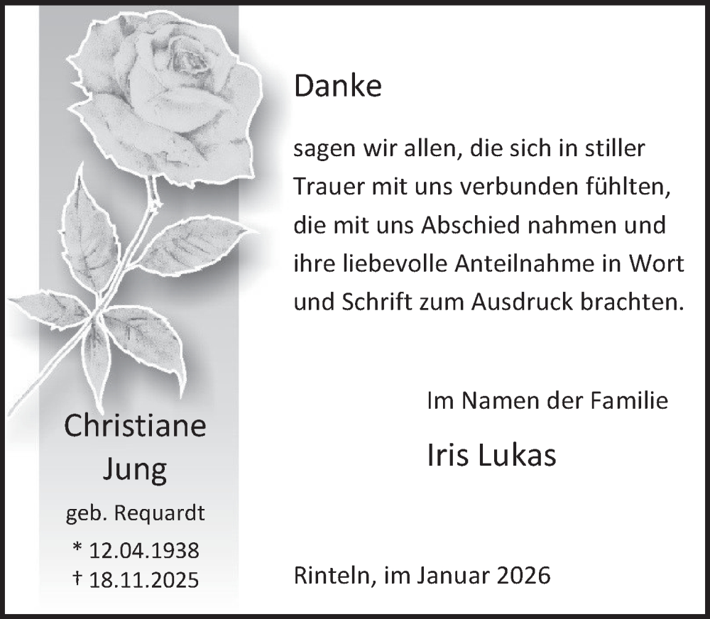  Traueranzeige für Christiane Jung vom 03.01.2026 aus Deister- und Weserzeitung