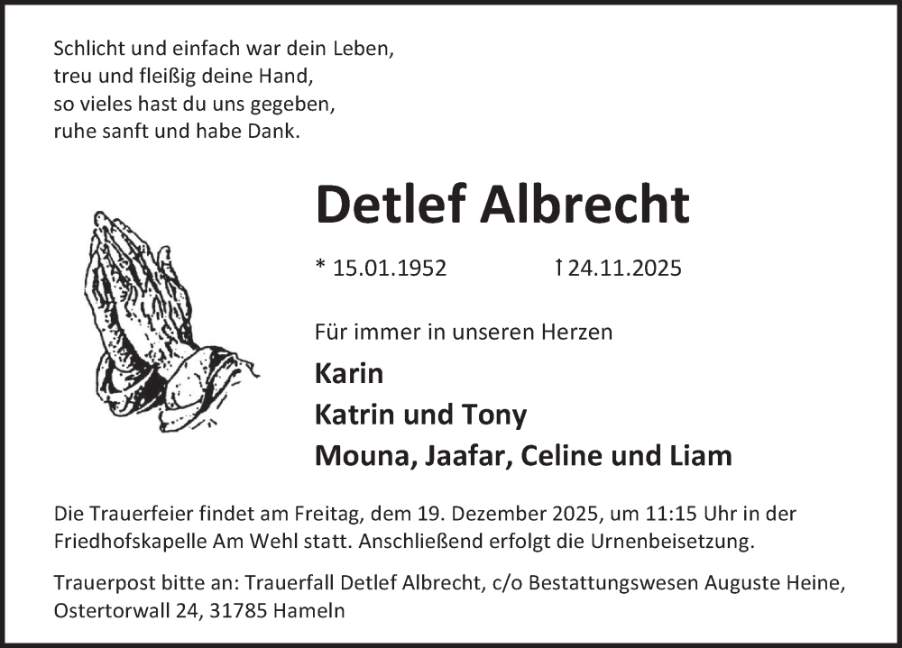  Traueranzeige für Detlef Albrecht vom 13.12.2025 aus Deister- und Weserzeitung