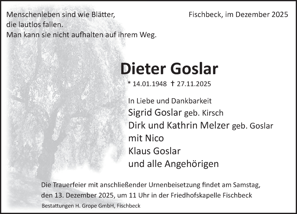  Traueranzeige für Dieter Goslar vom 06.12.2025 aus Deister- und Weserzeitung