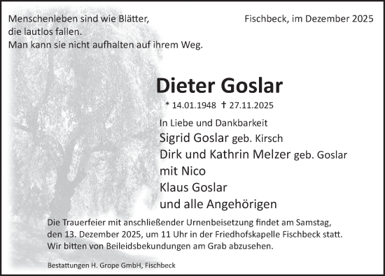 Traueranzeige von Dieter Goslar von Deister- und Weserzeitung