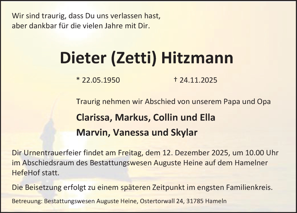  Traueranzeige für Dieter Hitzmann vom 06.12.2025 aus Deister- und Weserzeitung