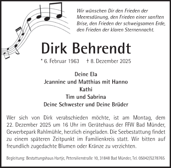 Traueranzeige von Dirk Behrendt von Neue Deister-Zeitung