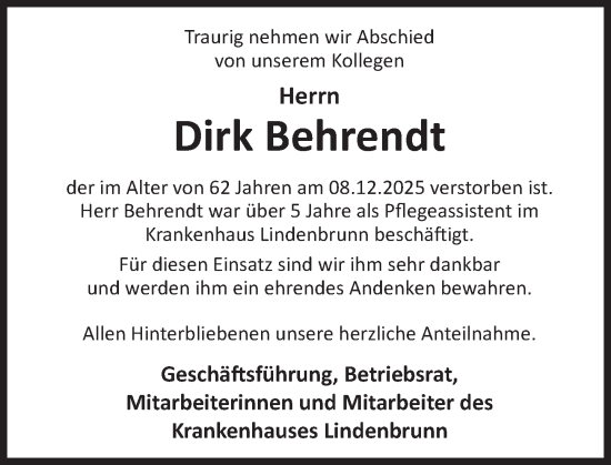 Traueranzeige von Dirk Behrendt von Deister- und Weserzeitung