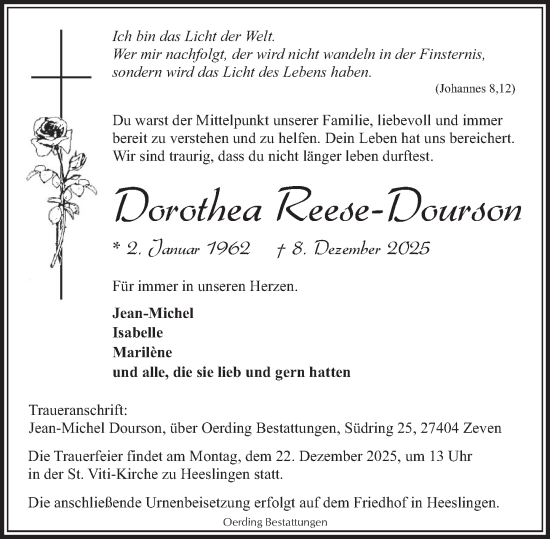 Traueranzeige von Dorothea Reese-Dourson von Deister- und Weserzeitung