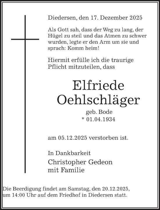 Traueranzeige von Elfriede Oehlschläger von Deister- und Weserzeitung