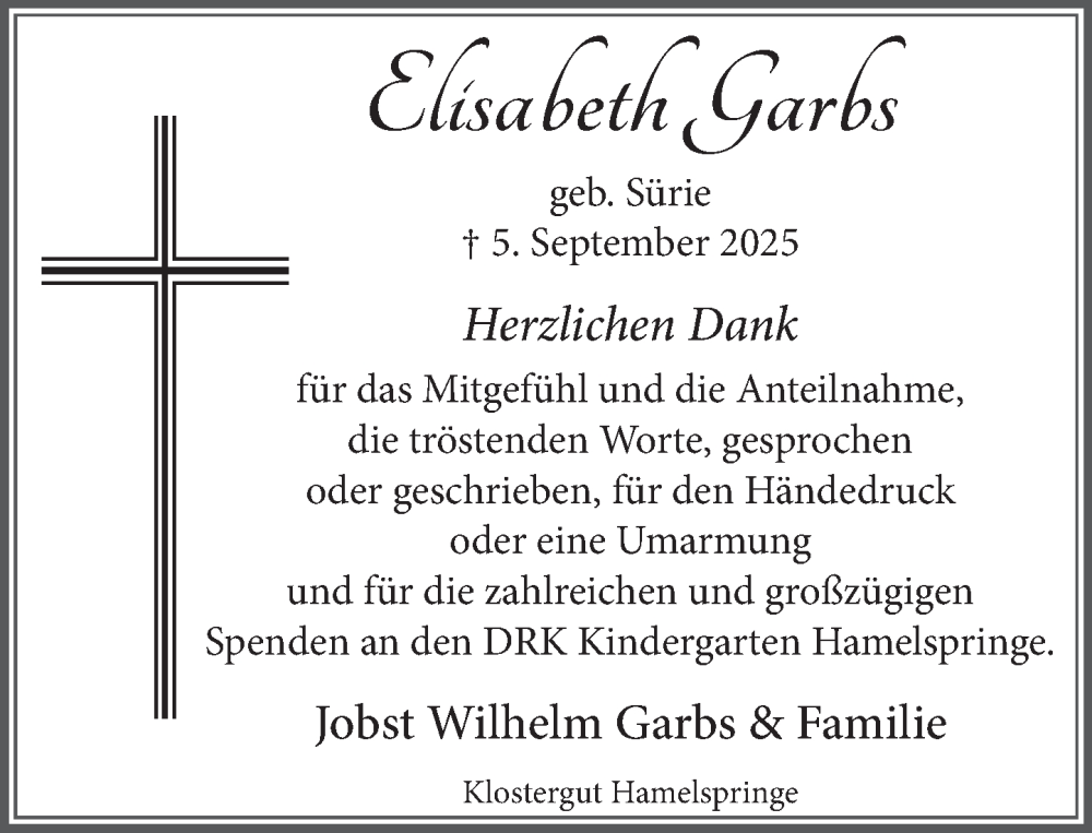  Traueranzeige für Elisabeth Garbs vom 13.12.2025 aus Neue Deister-Zeitung