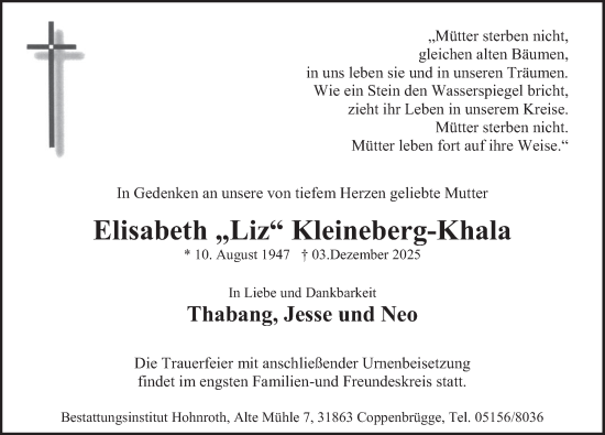 Traueranzeige von Elisabeth Kleineberg-Khala von Deister- und Weserzeitung