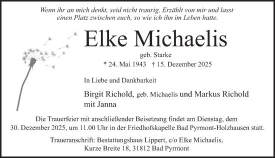 Traueranzeige von Elke Michaelis von Deister- und Weserzeitung