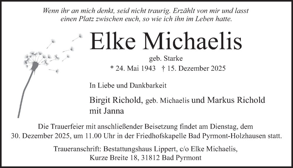  Traueranzeige für Elke Michaelis vom 20.12.2025 aus Deister- und Weserzeitung