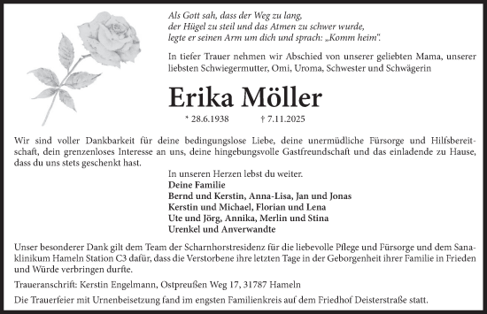 Traueranzeige von Erika Möller von Deister- und Weserzeitung