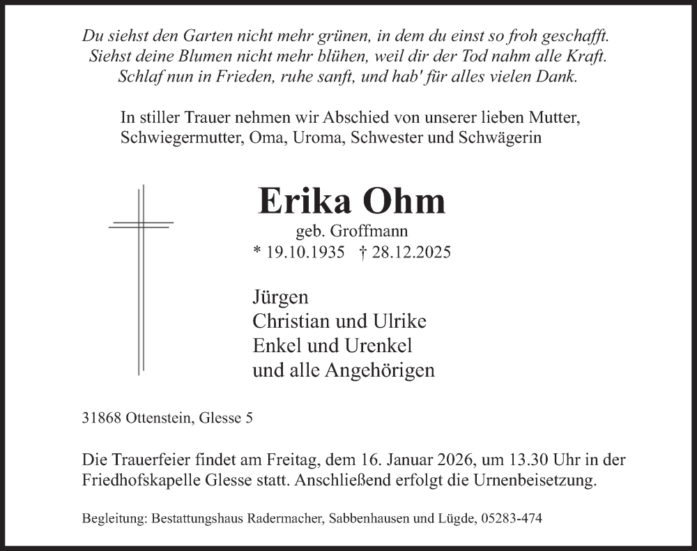  Traueranzeige für Erika Ohm vom 03.01.2026 aus Deister- und Weserzeitung