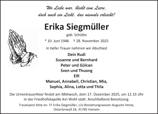 Traueranzeige von Erika Siegmüller von Deister- und Weserzeitung