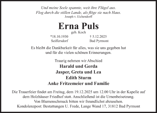 Traueranzeige von Erna Puls von Deister- und Weserzeitung
