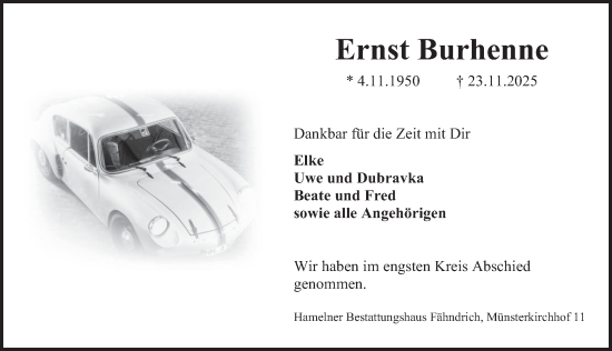 Traueranzeige von Ernst Burhenne von Deister- und Weserzeitung
