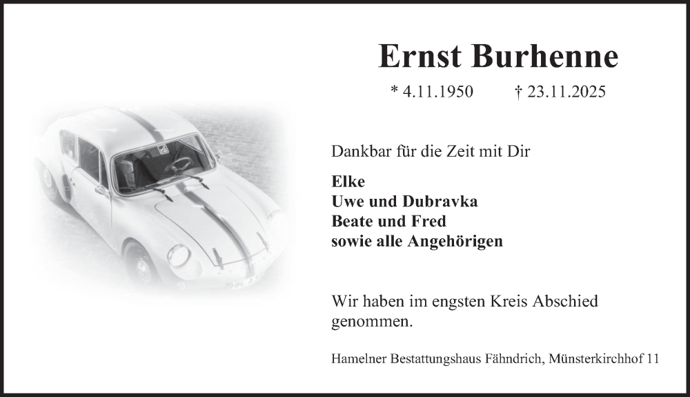  Traueranzeige für Ernst Burhenne vom 13.12.2025 aus Deister- und Weserzeitung