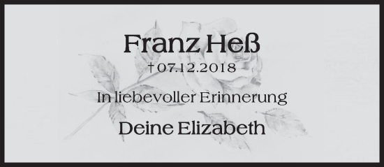 Traueranzeige von Franz Heß von Deister- und Weserzeitung