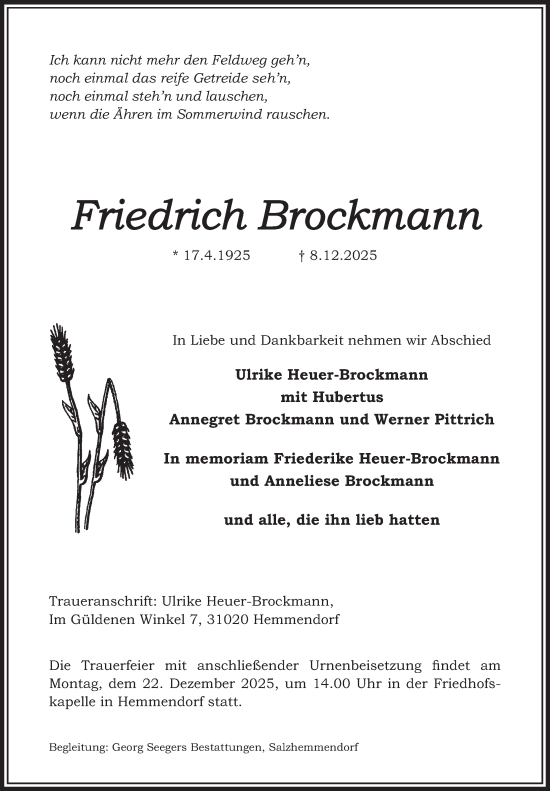 Traueranzeige von Friedrich Brockmann von Deister- und Weserzeitung