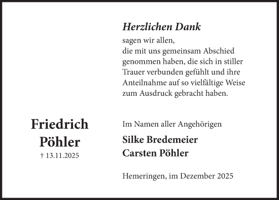 Traueranzeige von Friedrich Pöhler von Deister- und Weserzeitung