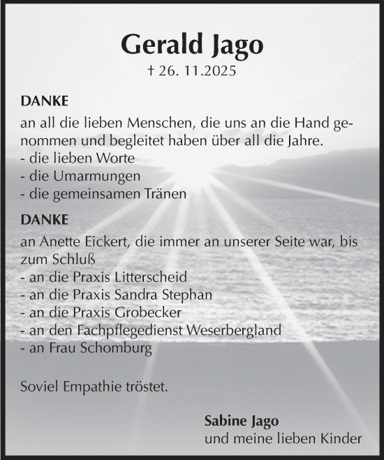 Traueranzeige von Gerald Jago von Deister- und Weserzeitung