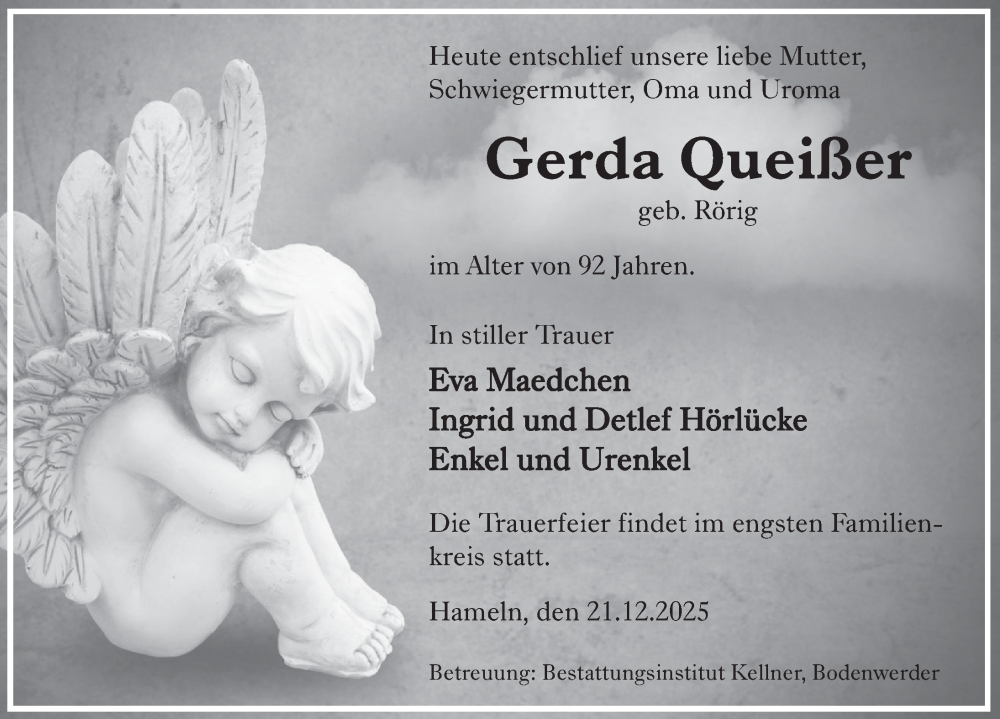  Traueranzeige für Gerda Queißer vom 23.12.2025 aus Deister- und Weserzeitung