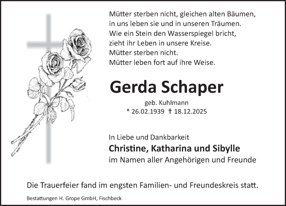  Traueranzeige für Gerda Schaper vom 27.12.2025 aus Deister- und Weserzeitung