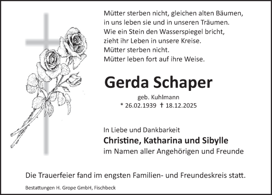 Traueranzeige von Gerda Schaper von Deister- und Weserzeitung