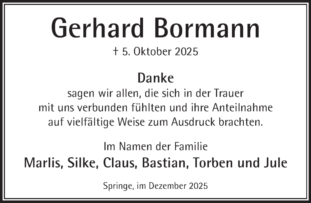  Traueranzeige für Gerhard Bormann vom 06.12.2025 aus Neue Deister-Zeitung