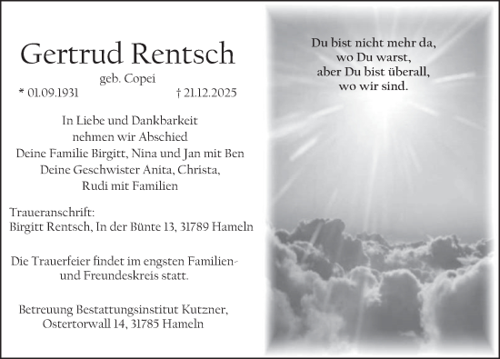 Traueranzeige von Gertrud Rentsch von Deister- und Weserzeitung