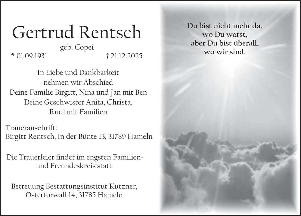  Traueranzeige für Gertrud Rentsch vom 02.01.2026 aus Deister- und Weserzeitung