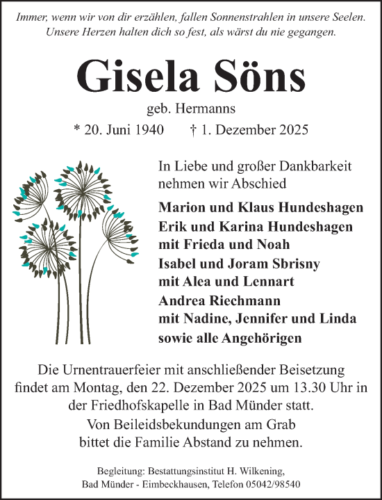 Traueranzeige von Gisela Söns von Neue Deister-Zeitung