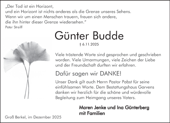 Traueranzeige von Günter Budde von Deister- und Weserzeitung