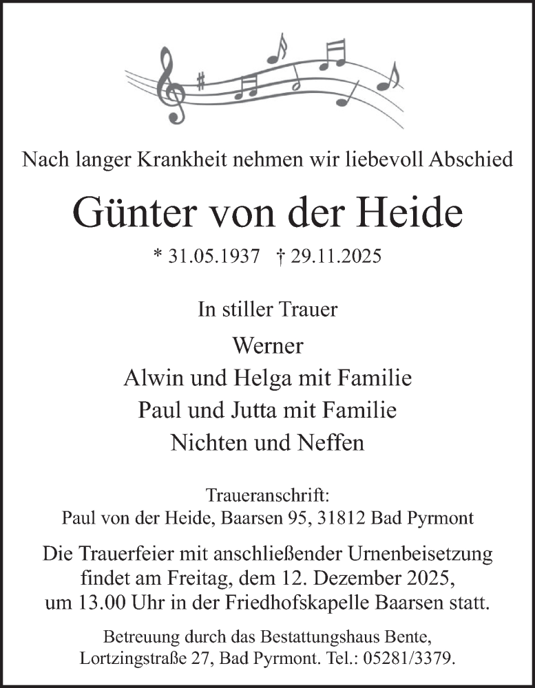  Traueranzeige für Günter von der Heide vom 05.12.2025 aus Deister- und Weserzeitung