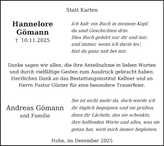 Traueranzeige von Hannelore Gömann von Deister- und Weserzeitung