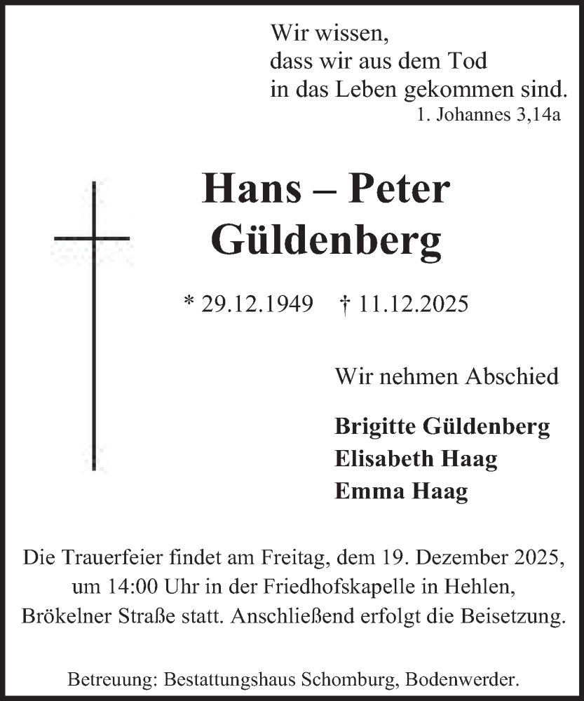  Traueranzeige für Hans-Peter Güldenberg vom 16.12.2025 aus Deister- und Weserzeitung