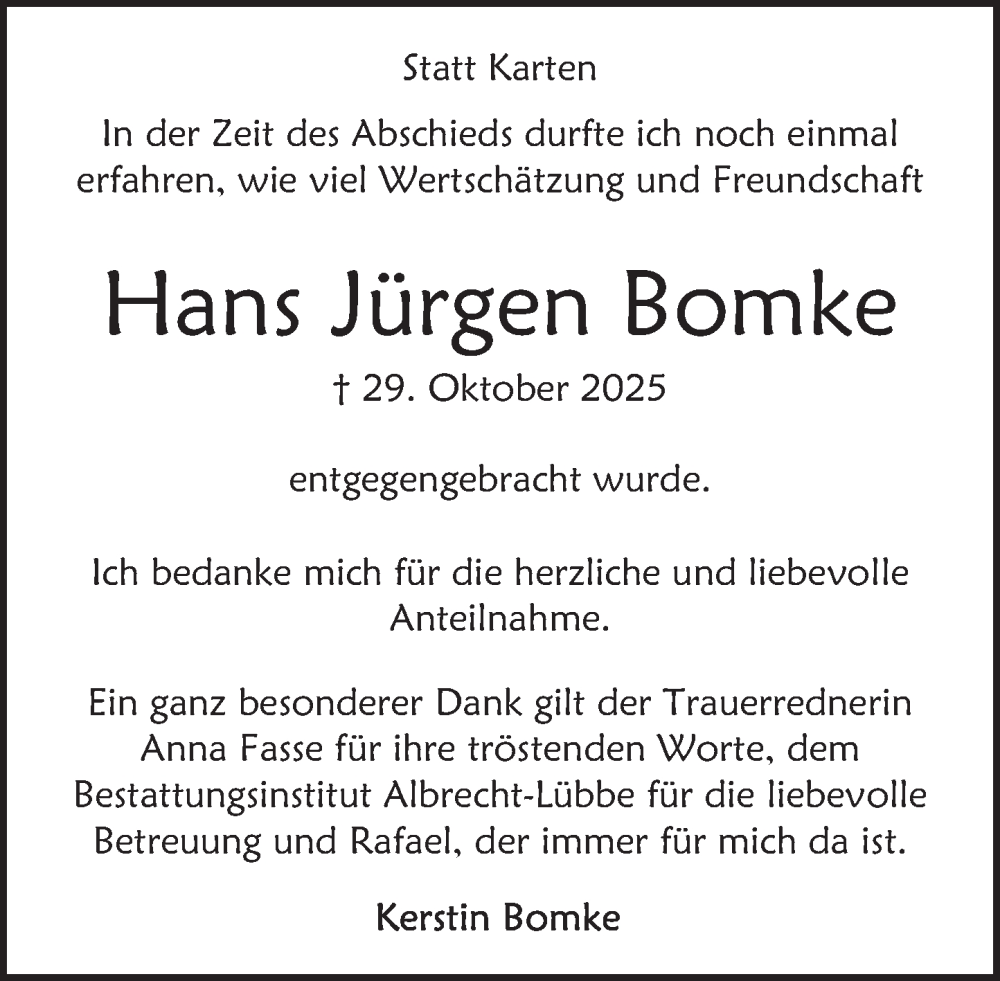  Traueranzeige für Hans Jürgen Bomke vom 06.12.2025 aus Deister- und Weserzeitung