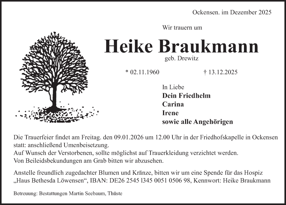  Traueranzeige für Heike Braukmann vom 03.01.2026 aus Deister- und Weserzeitung