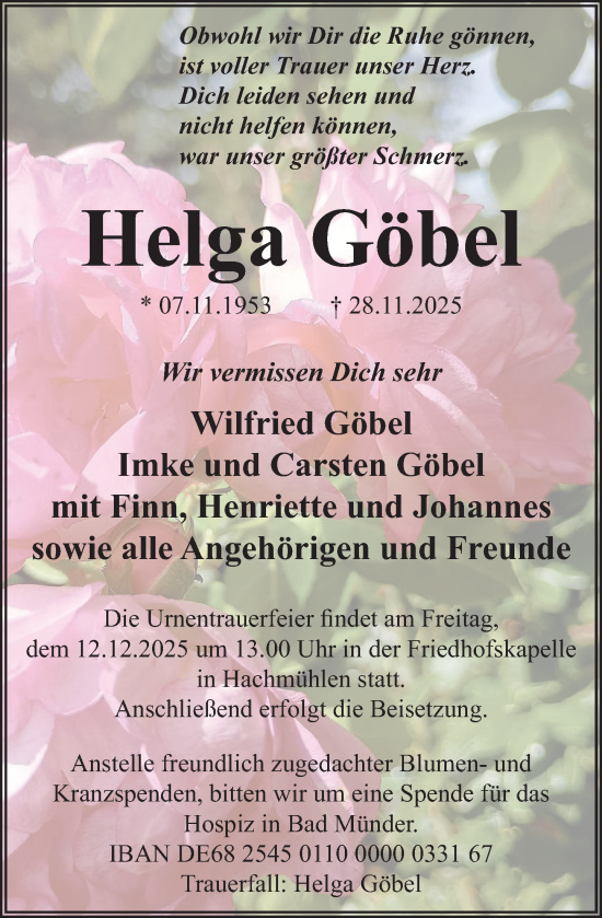 Traueranzeige von Helga Göbel von Neue Deister-Zeitung